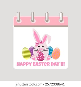 Calendar page for Easter Day with bunny and coloring eggs for your greeting card, stickers, invitations and many other designs. Greeting card template. Happy Easter day. Happy Easter Day.