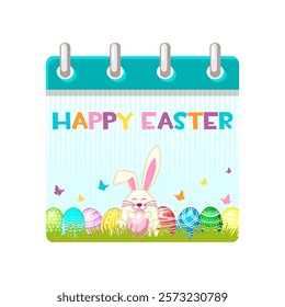 Calendar page for Easter Day with bunny and Easter eggs for your greeting card, stickers, invitations and many other designs. Greeting card template. Happy Easter day.