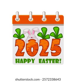 Calendar page for Easter Day with Carrot number 2025 and rabbit. Happy Easter 2025 for your greeting card, stickers, invitations and many other designs. Greeting card template