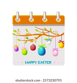 Calendar page for Easter Day with Easter eggs on branch for your greeting card, stickers, invitations and many other designs. Greeting card template. Happy Easter day.