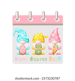 Calendar page for Easter Day with Gnomes and Easter cookies for your greeting card,calendars, stickers or icons. Happy Easter Day