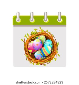 Calendar page for Easter Day. Happy Easter Day with coloring eggs in bird nest for your greeting card,calendars, stickers or icons. Happy Easter Day