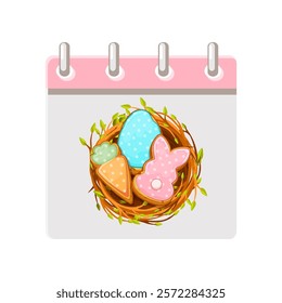 Calendar page for Easter Day. Happy Easter Day with Easter cookies in bird nest for your greeting card,calendars, stickers or icons. Happy Easter Day