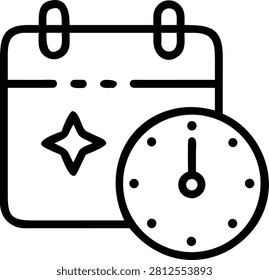 Calendar page featuring a star and clock, indicating a special date, event, or significant time. Symbol for marking important occasions, celebrations, or deadlines. Planning and memorable dates.