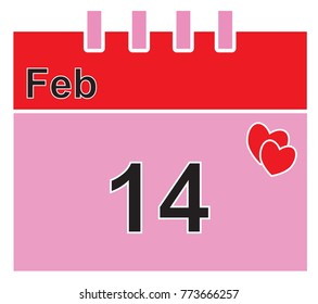 Calendar page for February 14th for the Valentine or Valentines Day. Hearts or heart shapes. Concept for love, passion, valentine, Valentines day isolated on white background. 