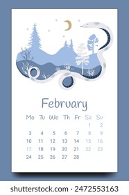 La página del calendario para febrero de 2025 con la Imagen de una serpiente y un paisaje invernal. Diseño creativo del calendario para febrero con la Imagen de una serpiente y el invierno.