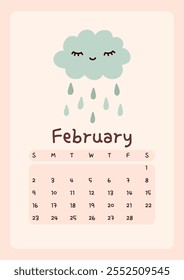 Página del calendario para febrero de 2025, la semana comienza el domingo. Diseño lindo con una nube de lluvia en colores pastel. Perfecto para la decoración de la guardería, el hogar o la oficina de los niños. Horario de planificación, organización.