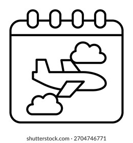 Página del calendario con el icono de la línea delgada del acontecimiento del vuelo, concepto de la Encuesta del viajero. Gráficos de Vector. Papel con la Imagen de la muestra del aeroplano del cielo en el fondo blanco, icono del estilo del contorno para el móvil o el Diseño web