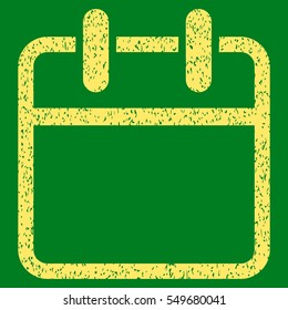 Calendar Page grainy textured icon for overlay watermark stamps. Flat symbol with scratched texture. Dotted vector yellow ink rubber seal stamp with grunge design on a green background.