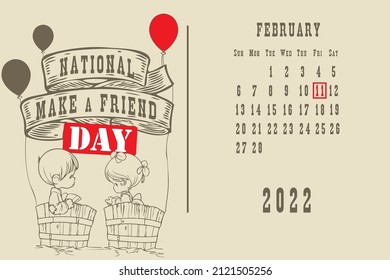 Página de calendario con una cuadrícula de calendario por fechas para un evento de vacaciones - Día nacional de hacer un amigo
