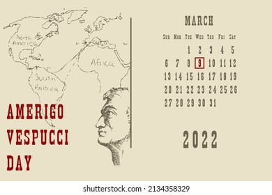 Calendar page with a calendar grid by dates for a holiday event - Amerigo Vespucci Day