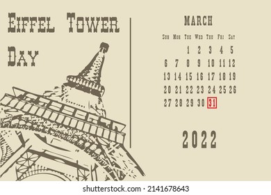 Página Calendario con una cuadrícula de calendario por fechas para un evento de vacaciones - Día de la Torre Eiffel