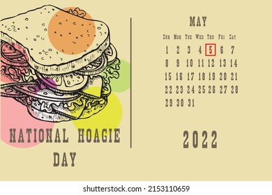 Página de calendario con cuadrícula de calendario por fechas para un evento de vacaciones - Día Nacional de la Hoagie