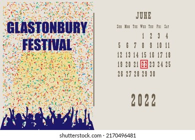 Calendar page with a calendar grid by dates for a holiday event - Glastonbury Festival