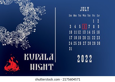 Página de calendario con cuadrícula de calendario por fechas para un evento de vacaciones - Noche de Kupala