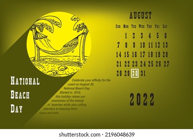 Calendar page with a calendar grid by dates for a holiday event - National Beach Day