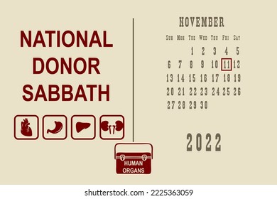 Calendar page with a calendar grid by dates for a holiday event - National Donor Sabbath