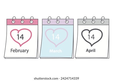 Calendar page with holiday date and hand drawn heart shape around number. Concept for 3 love holiday