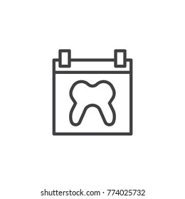 Calendar page with human tooth line icon, outline vector sign, linear style pictogram isolated on white. Dentist reception day symbol, logo illustration. Editable stroke