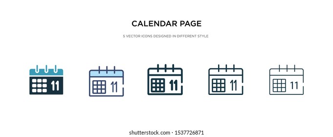 calendar page icon in different style vector illustration. two colored and black calendar page vector icons designed in filled, outline, line and stroke style can be used for web, mobile, ui