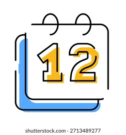 Icono de la página del calendario con el número 12, que simboliza una fecha, cita, fecha límite o evento importante específico, ilustrando los conceptos de administración del tiempo y programación