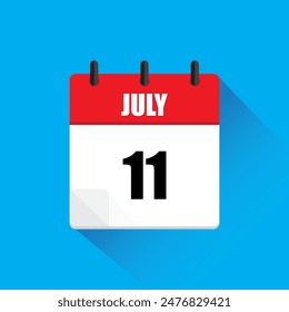 Calendar page icon. July eleven. Red and white. Blue background.