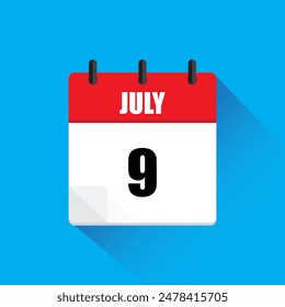 Calendar page icon. July nine. Red and white. Blue background.