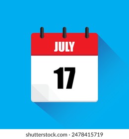 Calendar page icon. July seventeen. Red and white. Blue background.