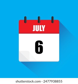 Calendar page icon. July six. Red and white. Blue background.