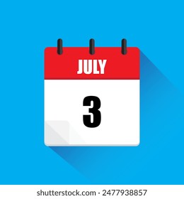 Calendar page icon. July three. Red and white. Blue background.