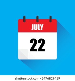 Calendar page icon. July twenty two. Red and white. Blue background.