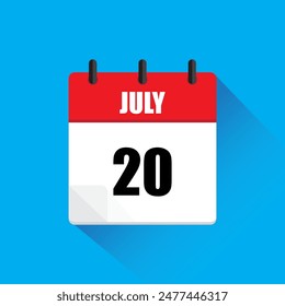 Calendar page icon. July twenty. Red and white. Blue background.