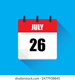 Calendar page icon. July twenty six. Red and white. Blue background.