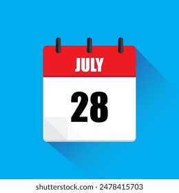 Calendar page icon. July twenty eight. Red and white. Blue background.