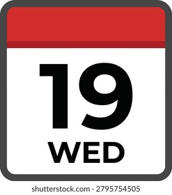Calendar page icon showing the date nineteen wednesday in a simple flat design