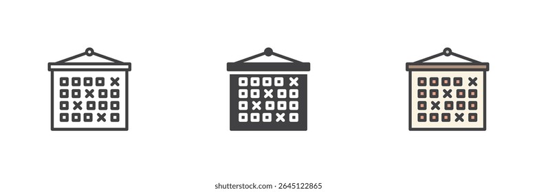 Calendar page icon in three styles: line, solid and colorful filled outline. Vector schedule, date planning, or event reminder symbol icon.
