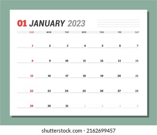 Calendar page for January 2023. Monthly planner. Stationery design. Week starts on Sunday. Vector illustration