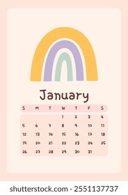 Página del calendario para enero de 2025, la semana comienza el domingo. Diseño lindo con un arco iris en colores pastel. Perfecto para la decoración de la guardería, el hogar o la oficina de los niños. Horario de planificación, organización.