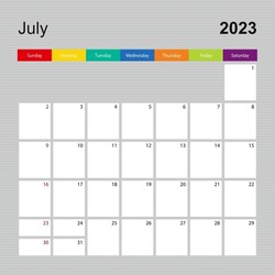 Calendar Page For July 2023, Wall Planner With Colorful Design. Week Starts On Sunday. Vector Calendar Template.