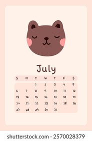 Calendar page for July 2025, week starts on Sunday. Cute design with a bear in pastel colors. Perfect for kids nursery, home or office decor. Schedule for planning, organization.