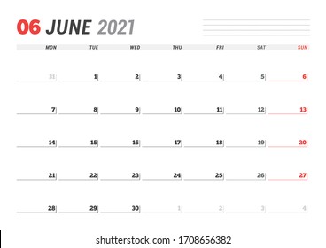 Calendar page for June 2021. Monthly planner. Stationery design. Week starts on Monday. Vector illustration