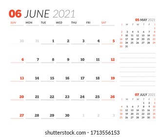 Calendar page for June 2021. Monthly planner. Stationery design. Week starts on Sunday. Vector illustration