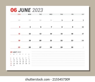 Calendar page for June 2023. Monthly planner. Stationery design. Week starts on Sunday. Vector illustration