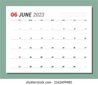 Calendar page for June 2023. Monthly planner. Stationery design. Week starts on Sunday. Vector illustration
