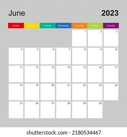 Calendar page for June 2023, wall planner with colorful design. Week starts on Sunday. Vector calendar template.