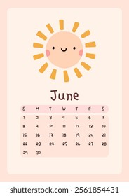 Calendar page for June 2025, week starts on Sunday. Cute design with a sun in pastel colors. Perfect for kids nursery, home or office decor. Schedule for planning, organization.