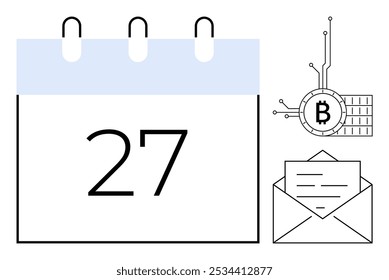 Página del calendario con el Grande número 27 junto a un símbolo de Bitcoin y un sobre de correo electrónico. Ideal para planificación financiera, tecnología, eventos de criptomonedas, comunicación digital, programación importante