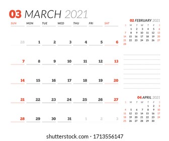 Calendar page for March 2021. Monthly planner. Stationery design. Week starts on Sunday. Vector illustration