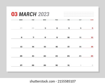 Calendar page for March 2023. Monthly planner. Stationery design. Week starts on Monday. Vector illustration