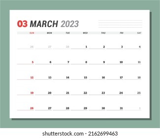 Calendar page for March 2023. Monthly planner. Stationery design. Week starts on Sunday. Vector illustration
